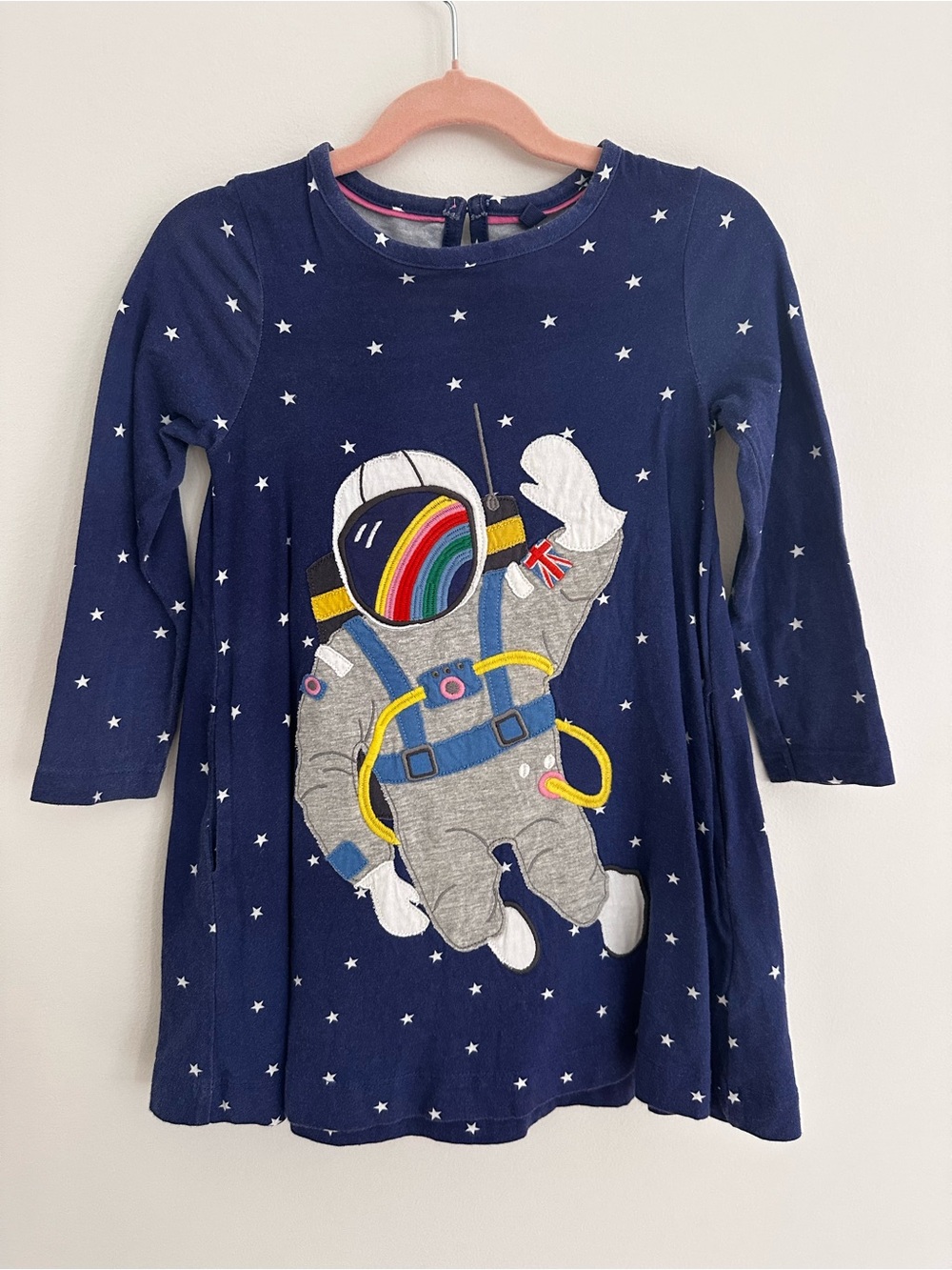 Mini Boden Navy Rainbow Astronaut Long-Sleeve Appliqué Pocket Tunic size 3-4